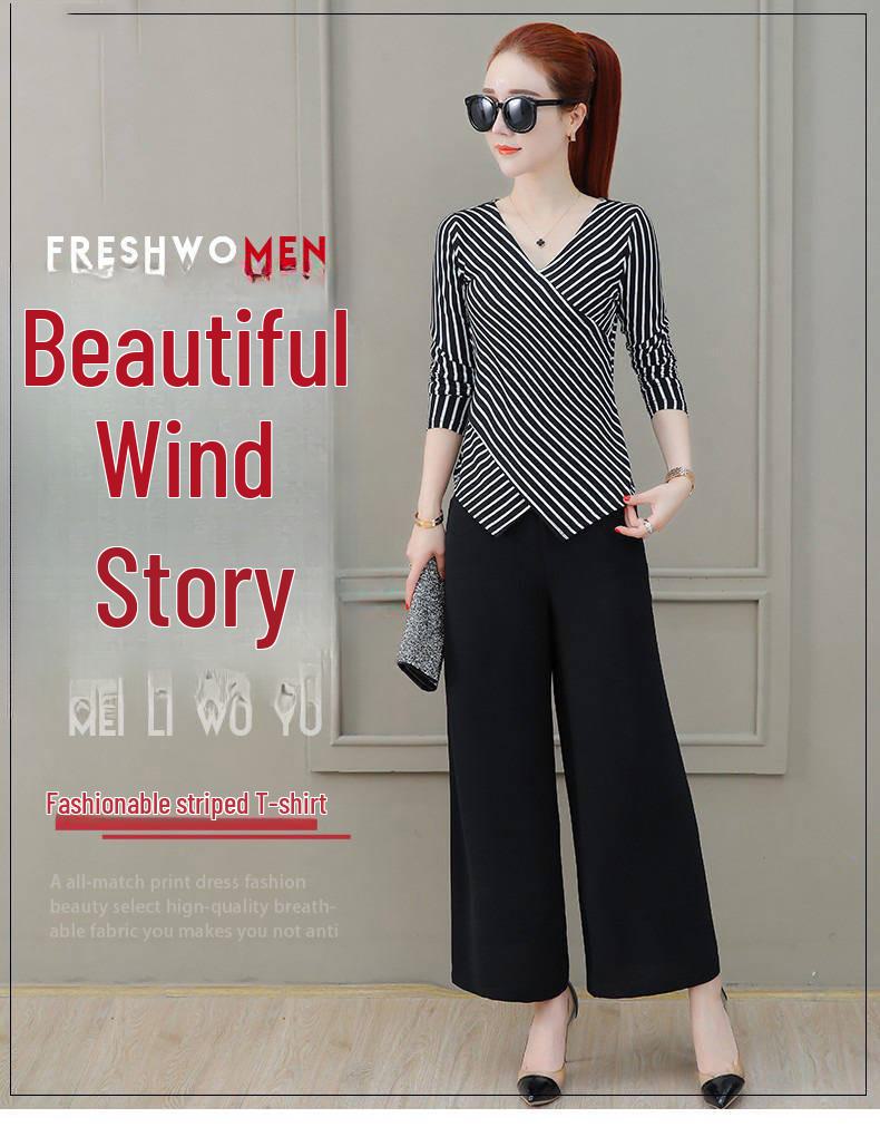 Women's Long-Sleeve V-Neck Slim Fit Striped T-Shirt - Black & White Korean Fashion for Spring/Autumn