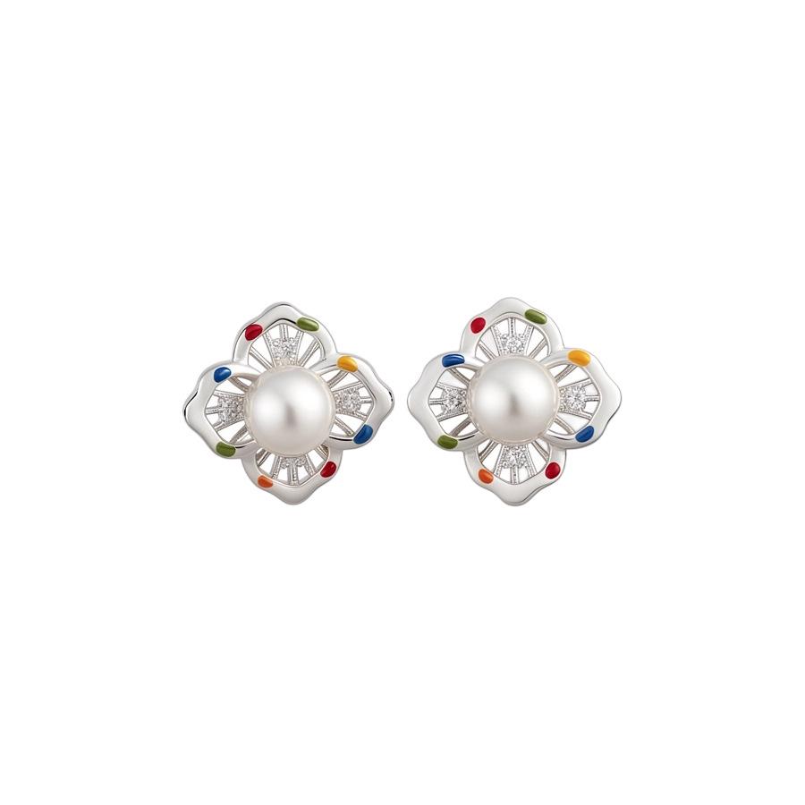 Silver Needle Zirconia Pearl Enamel Polka Dot Flower Stud Earrings - Fashionable and Cute Women's Accessories