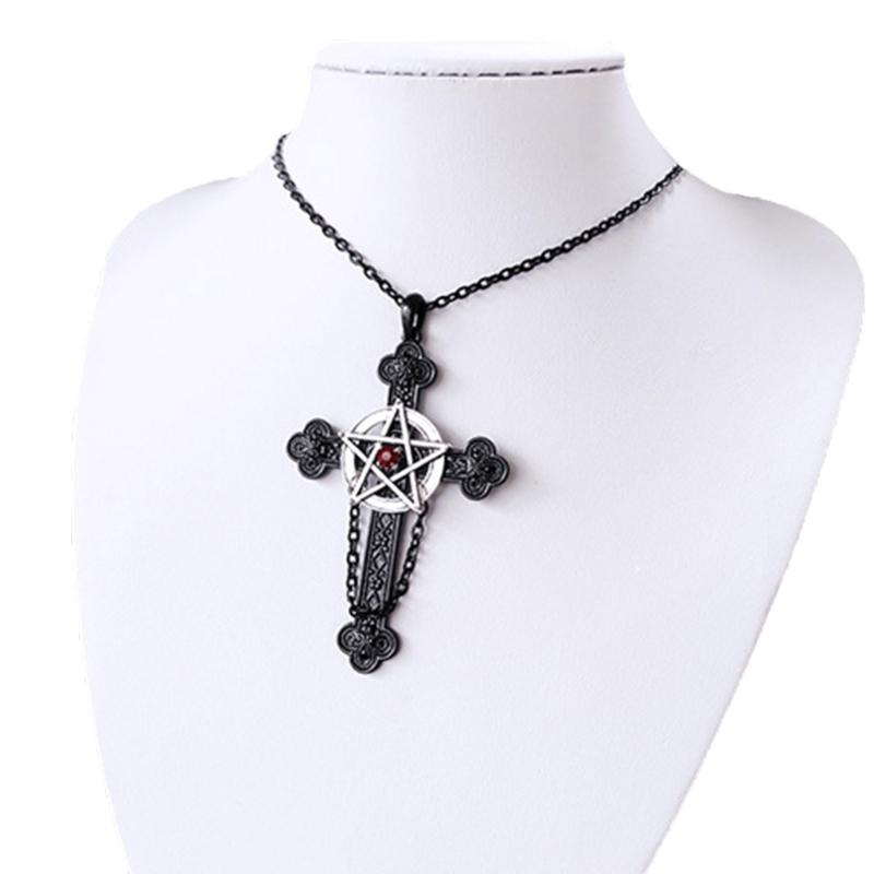 Retro Five-Pointed Star Crucifix Pendant Necklaces Alloy Texture Woman Pentacle Jewelry Pendant Necklaces for Daily