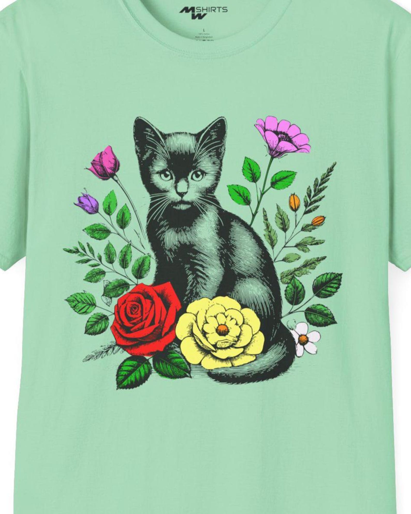 Floral Cat T-Shirt: Vintage Style Gardening Lovers Gift L