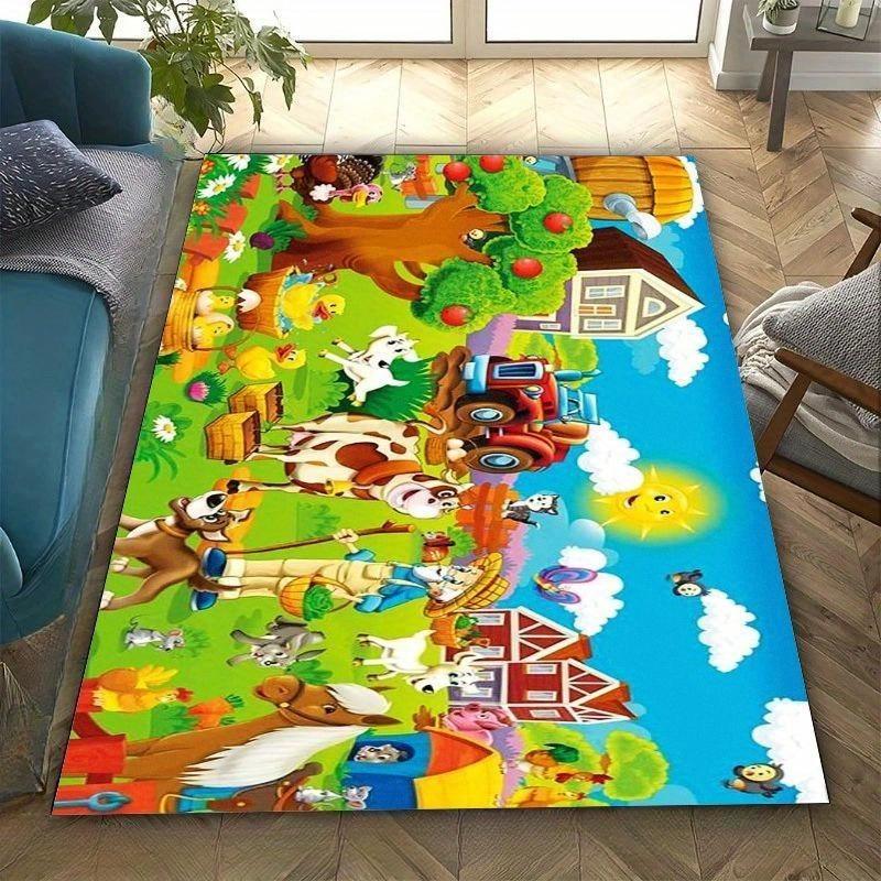 Cartoon Farm Animal Carpet Mat - Children's Room Game Room Bedroom Carpet Decoration Colorful Chicken Pig Cow Pattern Carpet