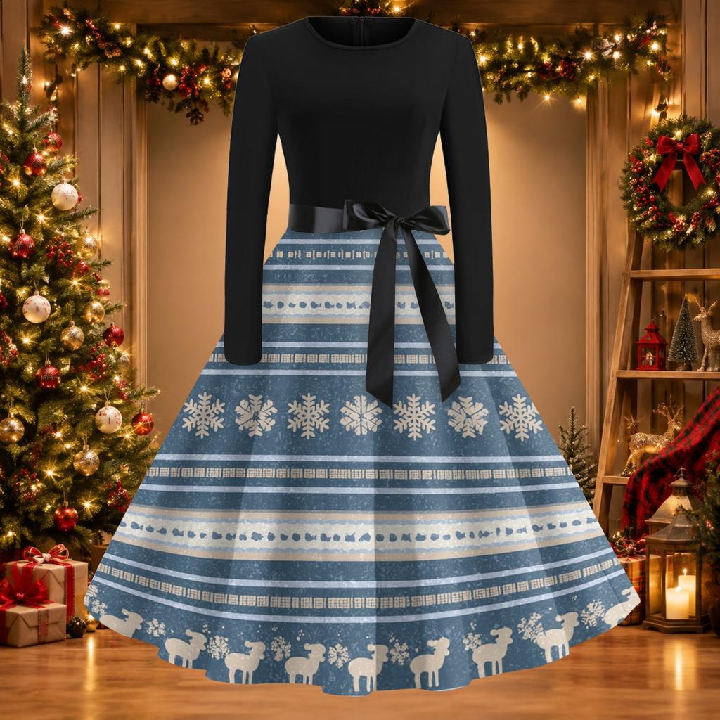 Women's Vintage Christmas Print Round Neck Casual Dress