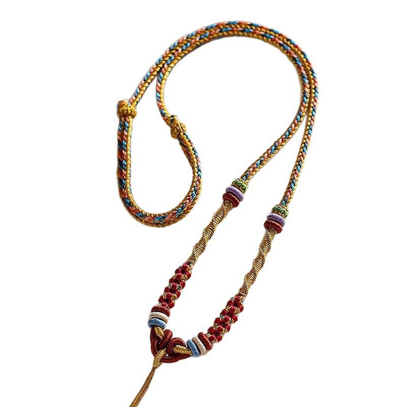 Elegant Handmade Amber Gold Pendant Necklace with Eight Treasures Compass Safety Buckle and Jade Pendant Rope