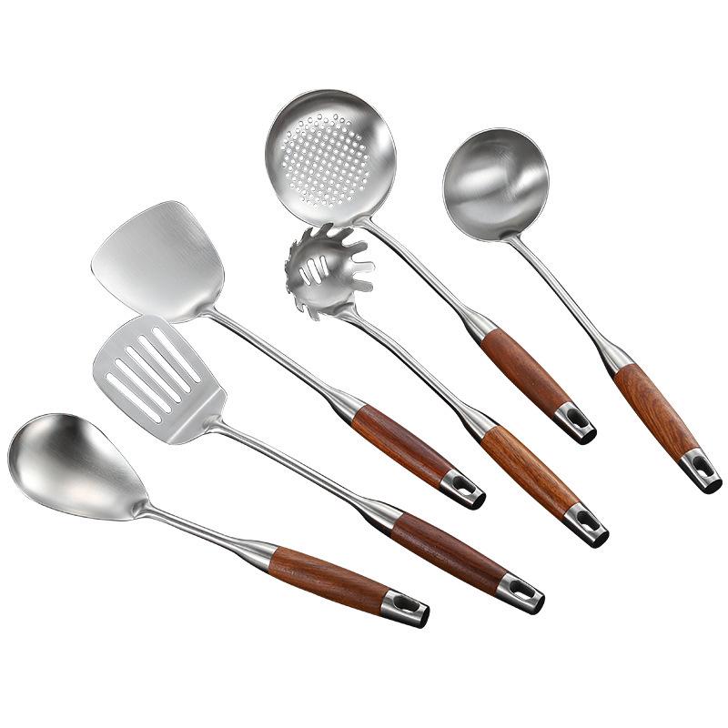 Solid Rosewood & 304 Stainless Steel Kitchen Utensil Set: Soup Ladle, Skimmer, Slotted Spoon, Frying Spatula, Strainer.