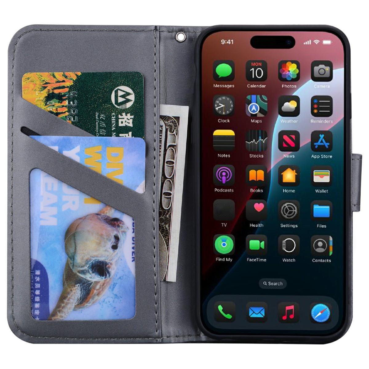 

For iPhone 16 Case Cartoon Pattern Wallet Leather Phone Cover Grey
