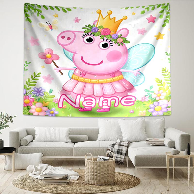 Custom Name Peppa Pig Print Tapestry, Backdrop, Easy Setup, Ideal for Bedroom, Office & Living Room, with Aesthetic Wall Hanging Decor.