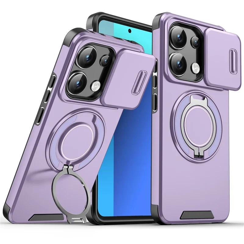 For Redmi Note 13 4G 14Pro Plus 5G Xiaomi 14T Pro Case Rugged Armor Plastic TPU Frame Magnetic Ring Holder Slide Camera Cover