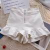 Women's 2024 Summer White Ruffled Wide-Leg High-Waist Zipper Design Casual Shorts