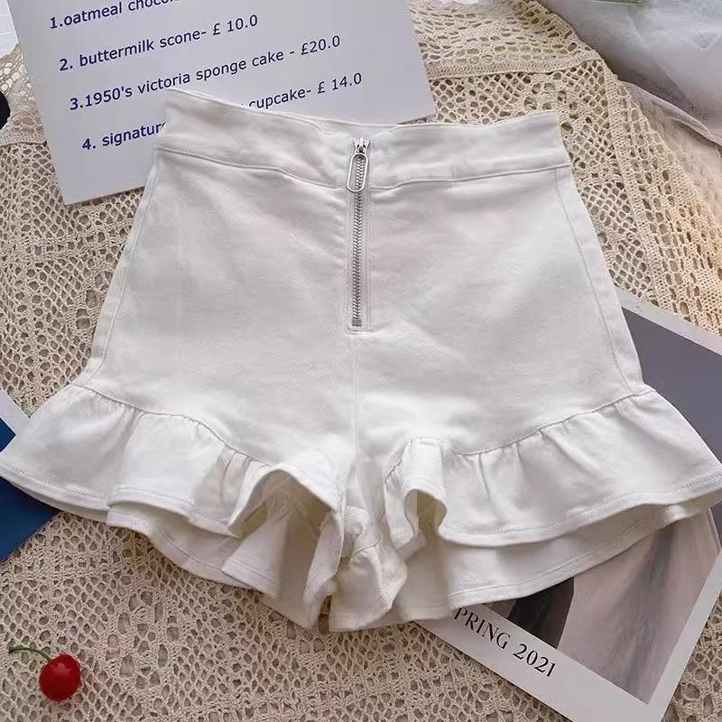 Women's 2024 Summer White Ruffled Wide-Leg High-Waist Zipper Design Casual Shorts