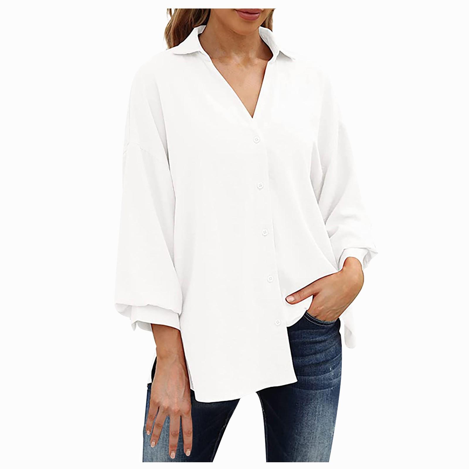 

Женская модная однотонная повседневная рубашка с v-образным вырезом и семью рукавами на пуговицах XL белый