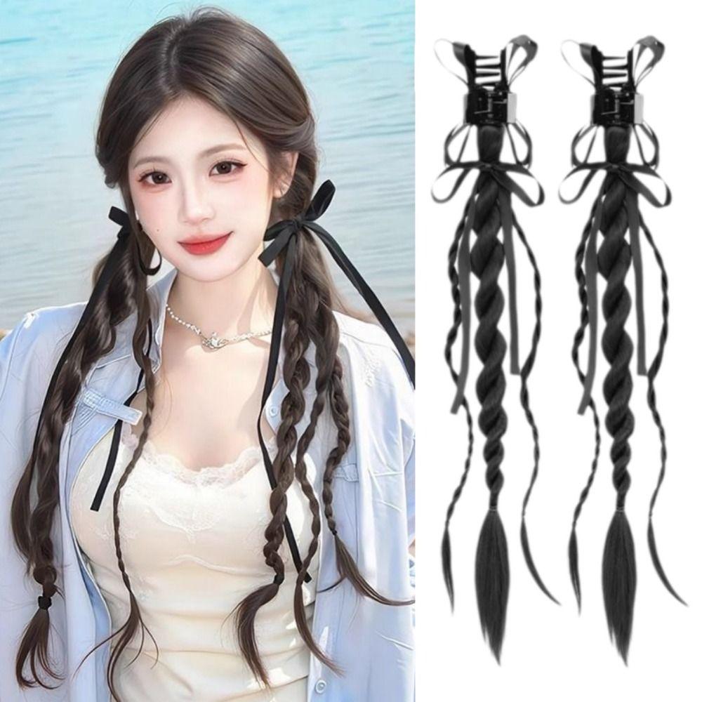 1Pair Ribbon Claw Clip Double Ponytail Twisted Braid Long Braiding Hair Extensions Party