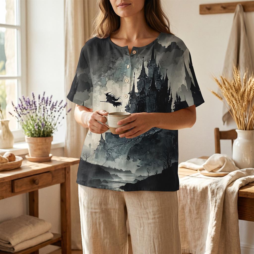 Women Casual Short Sleeve Henley Shirt with Chest Pocket Halloween Themed Graphic Print Cotton Linen Blended Fabric Relaxed Fit