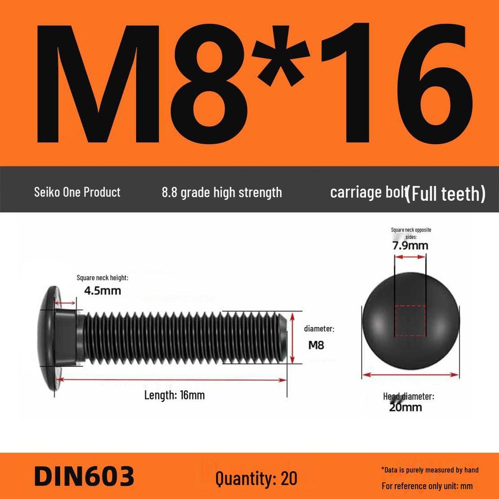 High-Strength Grade 8.8 Carriage Bolts: Round Head, Square Neck, M6-M16 Sizes for Shelf and Bridge Frames