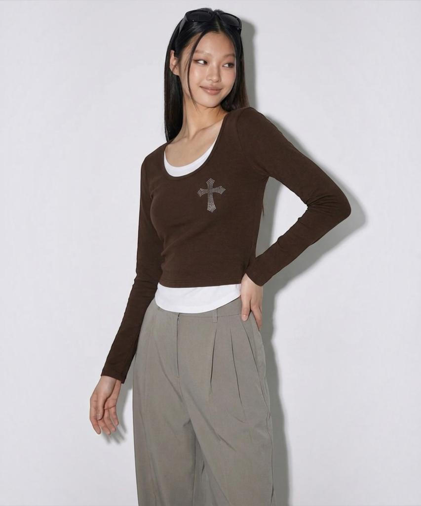 BORN SLIPPY Crystal Cross Layered Long Sleeve Tee (Brown)