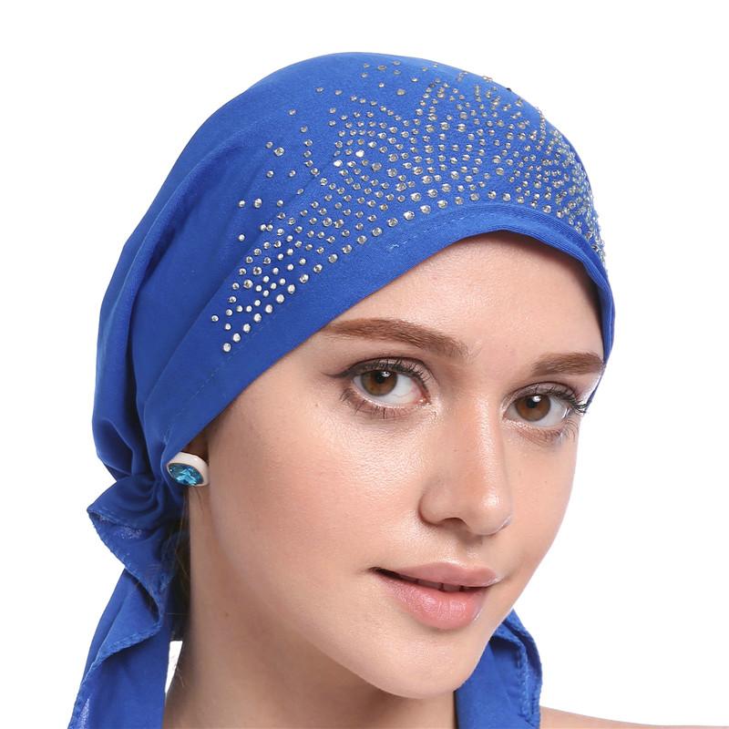 Fashion Muslim Headscarf Hat Thin Summer Women Inner Hijab Bonnet Solid Diamond Turban Caps India Head Wrap Hats For Lady