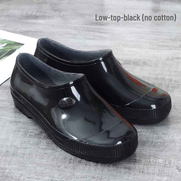 

Мужские низкие водонепроницаемые нескользящие резиновые сапоги - прочная резиновая обувь для охраны труда и использования на кухне Pure black base-no cotton, 1 size smaller. 40 чёрный/чистый