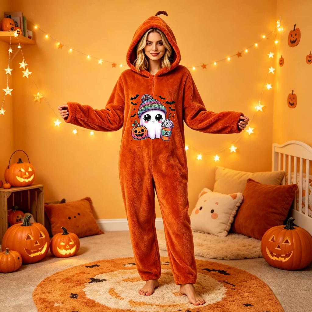 Women's Halloween Printed Flannel Romper Jumpsuit for Holiday Party and Loungewear