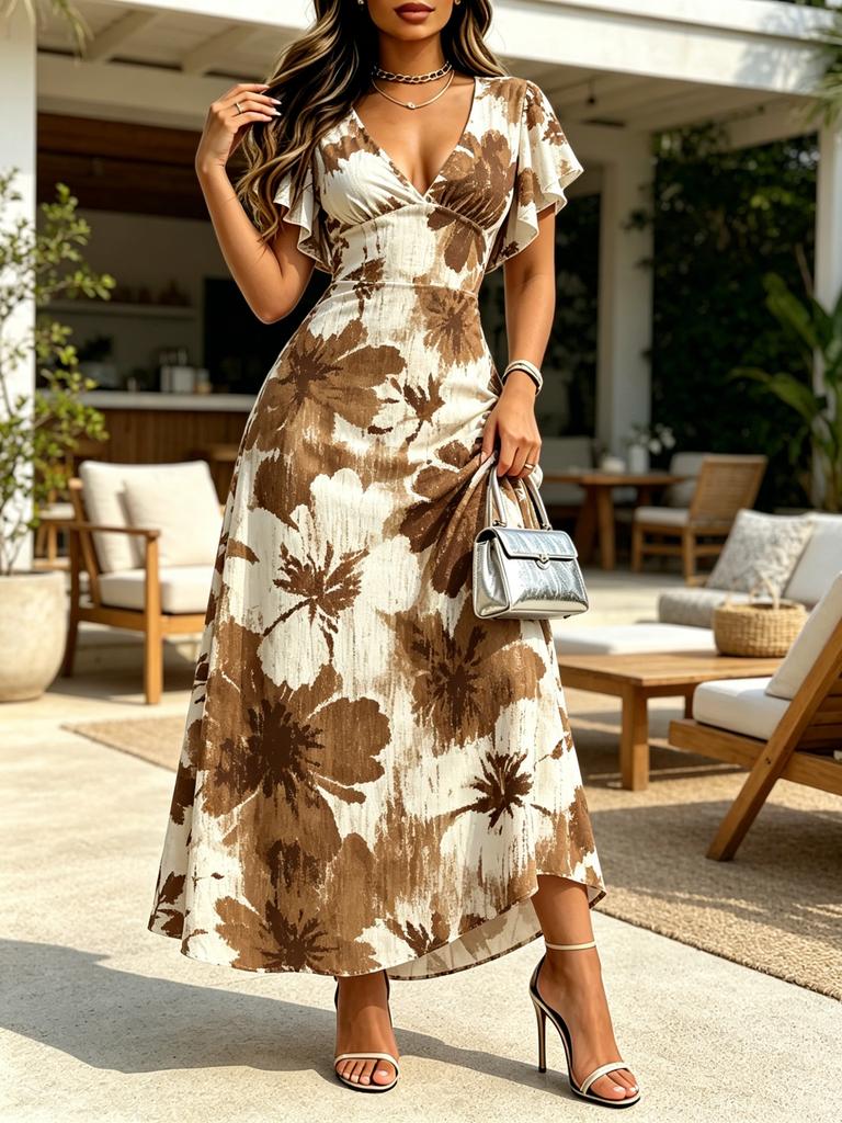 Vestido Maxi Bohemio Base Crema Floral Abstracto Marrón Escote en V, Manga Corta Fruncida Cintura Alta Vestido Elegante
