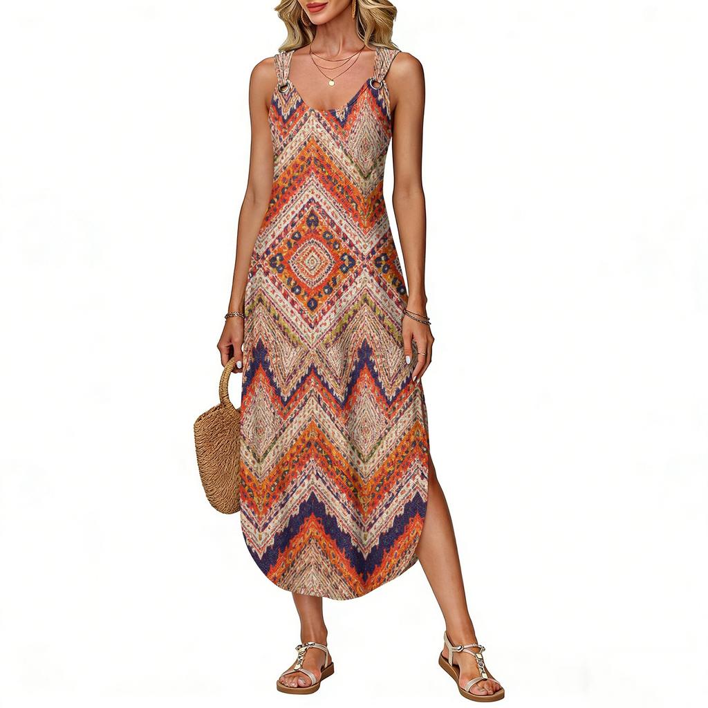 Women's Summer Long Dress, Sleeveless With Side Slits, Long Retro Printed Camisole Dress