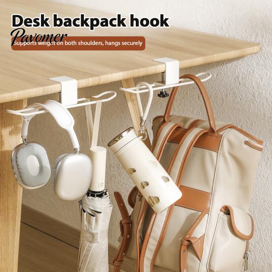 Easy Install Desk Rack Clamp-On Storage Hook, Adjustable No Punch Durable Carbon Steel Desktop School Bag Hook Organizer, Space Saving for Bags