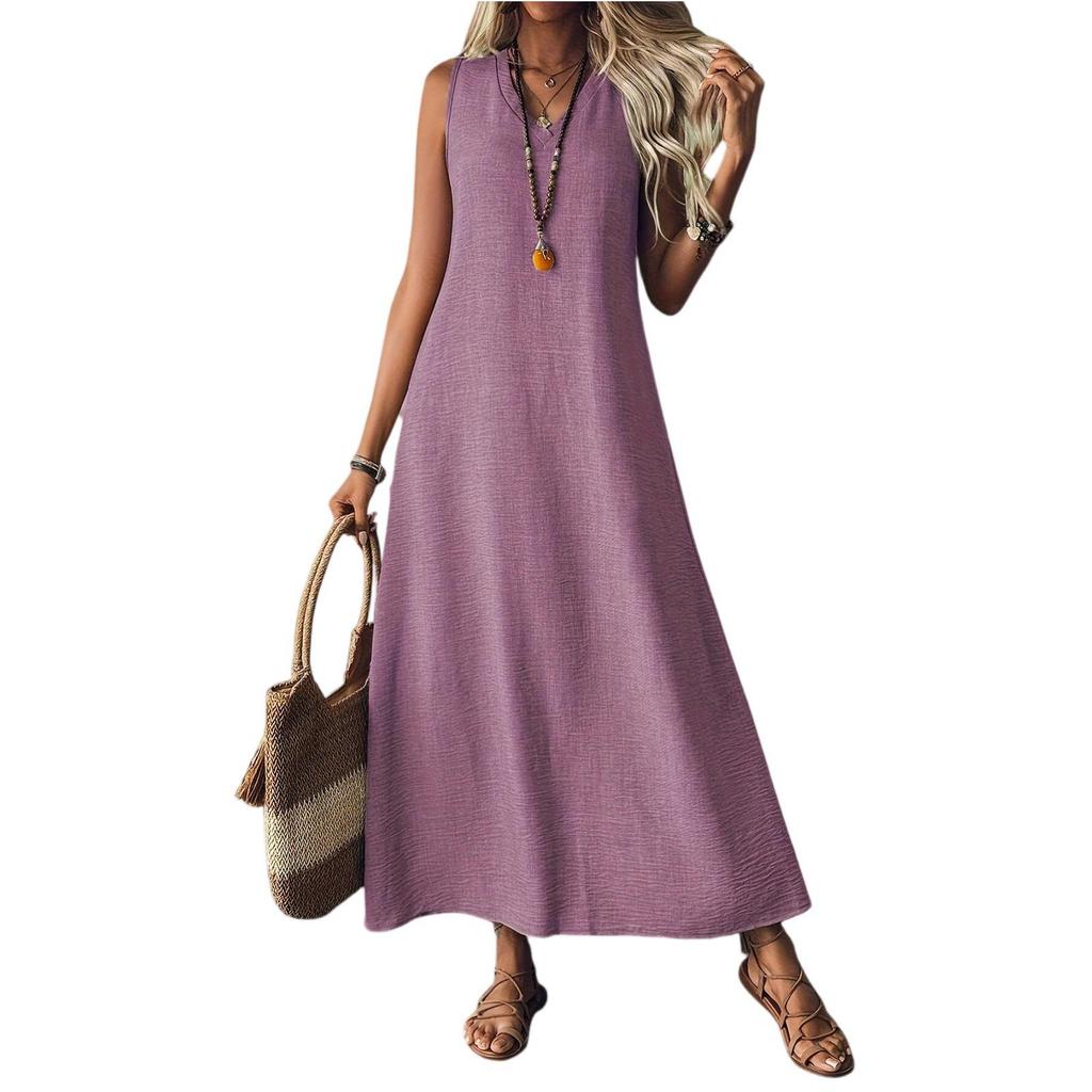 2025 Summer Sleeveless V-Neck Back Zip Elegant Long Dress for Women
