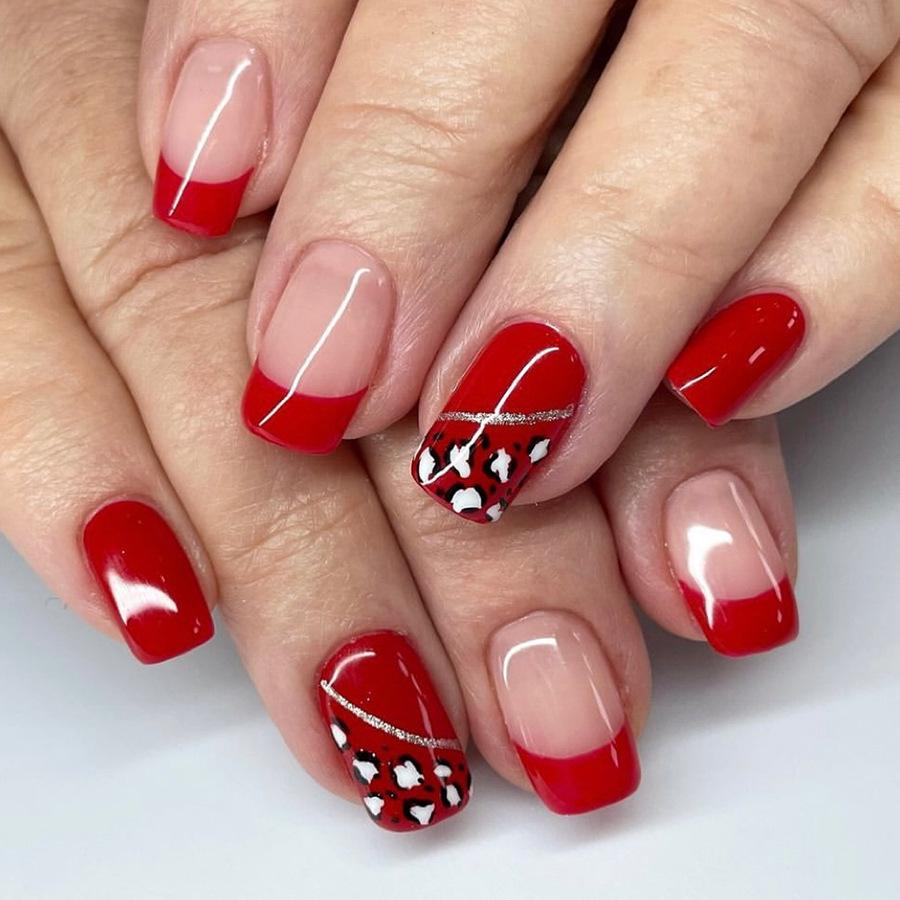 

24-Piece Glossy Red Leopard Print French Manicure Set