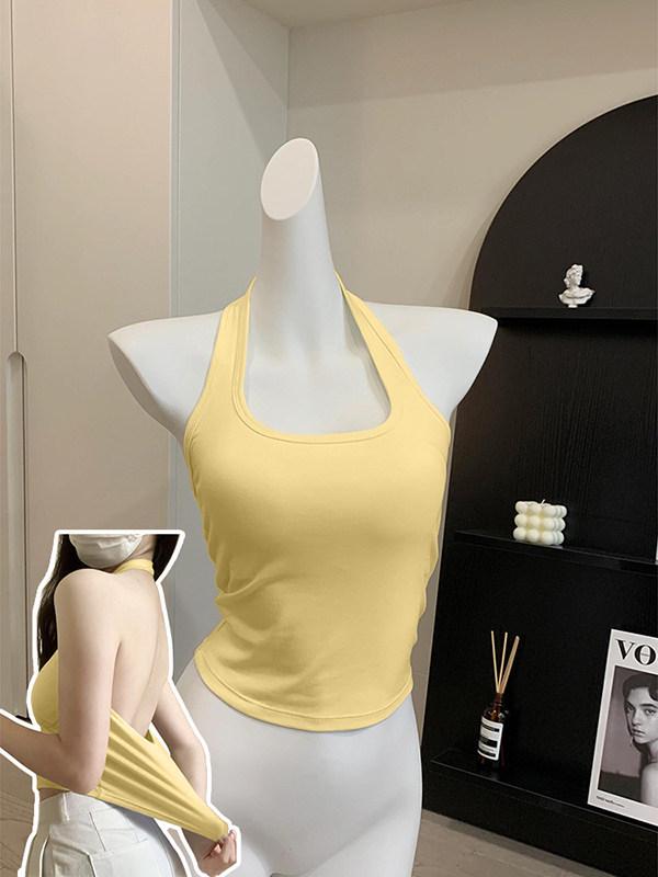 Yellow Backless Halter Tank Top with Built-in Bra Pads - Women s 2026 Summer Fashion One Size жёлтый