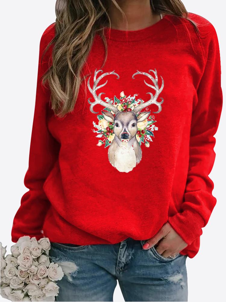 Autumn and Winter Women's Christmas Theme Printing Sweater Round Neck Long Sleeve Casual Sweatshirt Plus Size Top