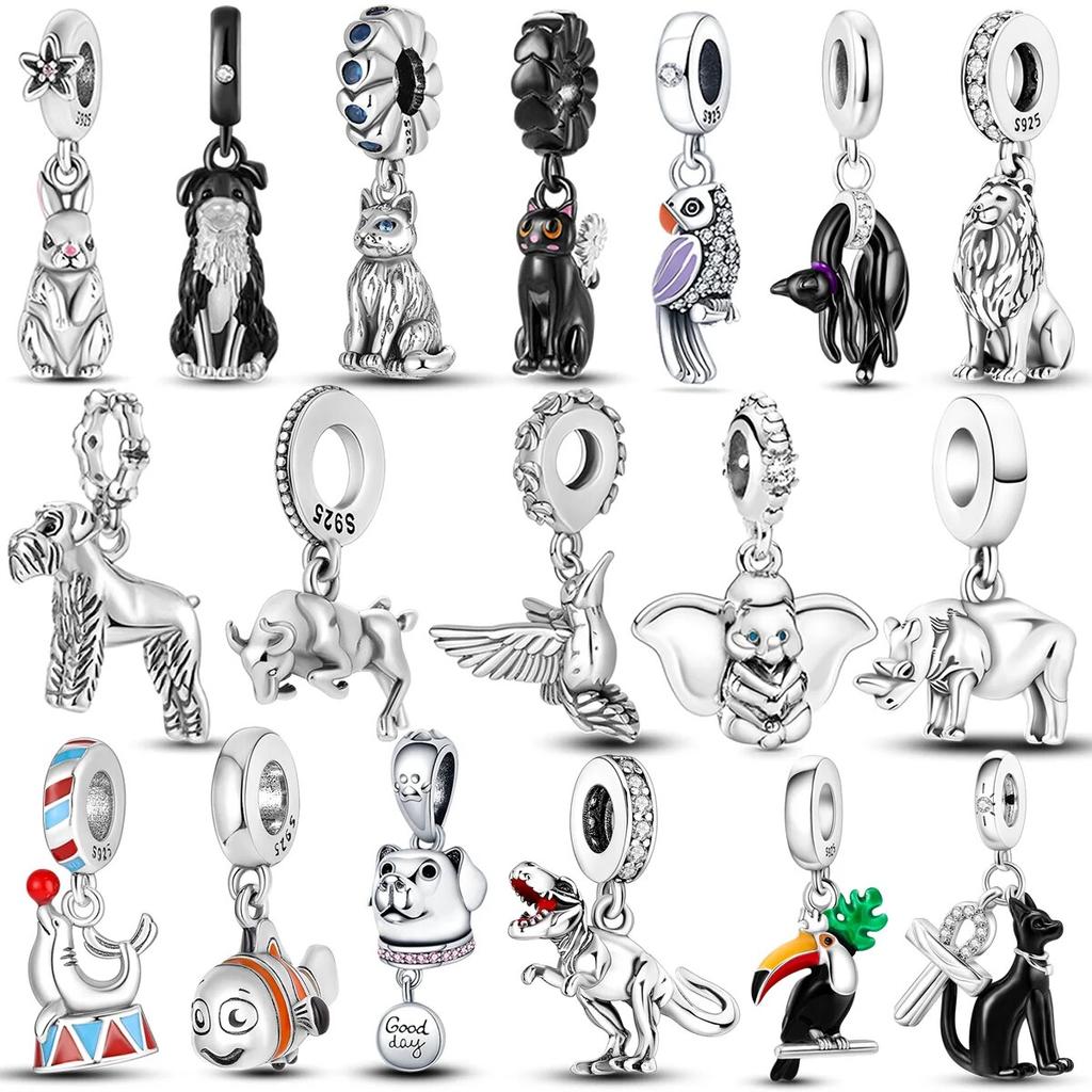 Seria zwierząt zwisają 925 srebro królik border collie papuga sznaucer wisiorki z koralików Fit oryginalna modna bransoletka biżuteria
