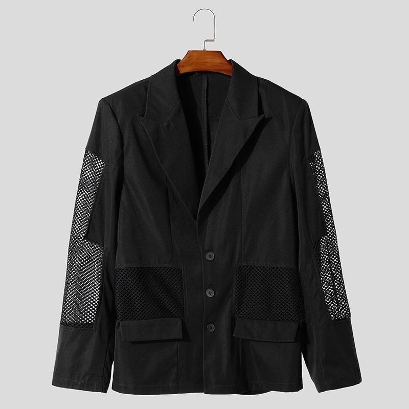 INCERUN Men Lapel Long Sleeve Hollow Out Patchwork Blazer See Through Casual Party Coats