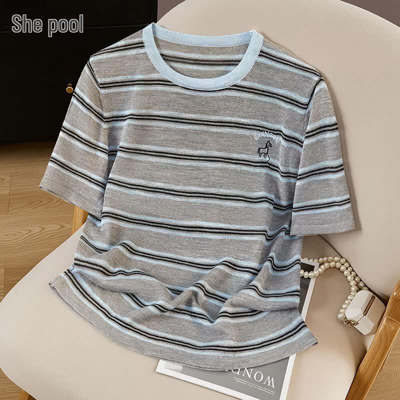 Women s Striped Round Neck Knit Tee One Size