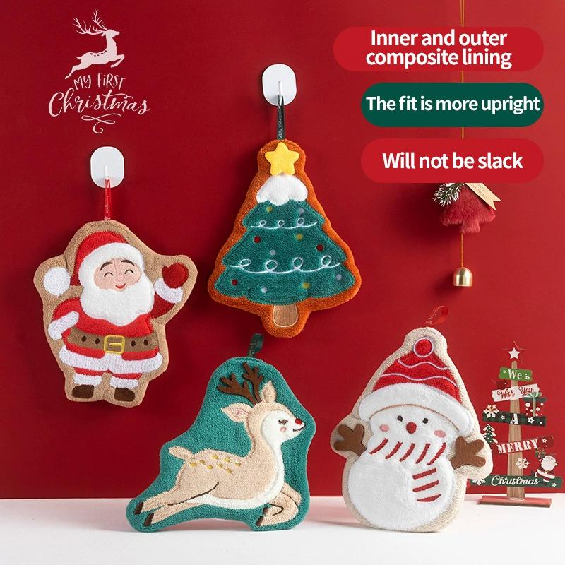 Christmas Hand Towel Set Coral Velvet Xmas Tree Santa Claus Hand Towels Absorption Quick-Drying Hand Towel For Kitchen Bathroom