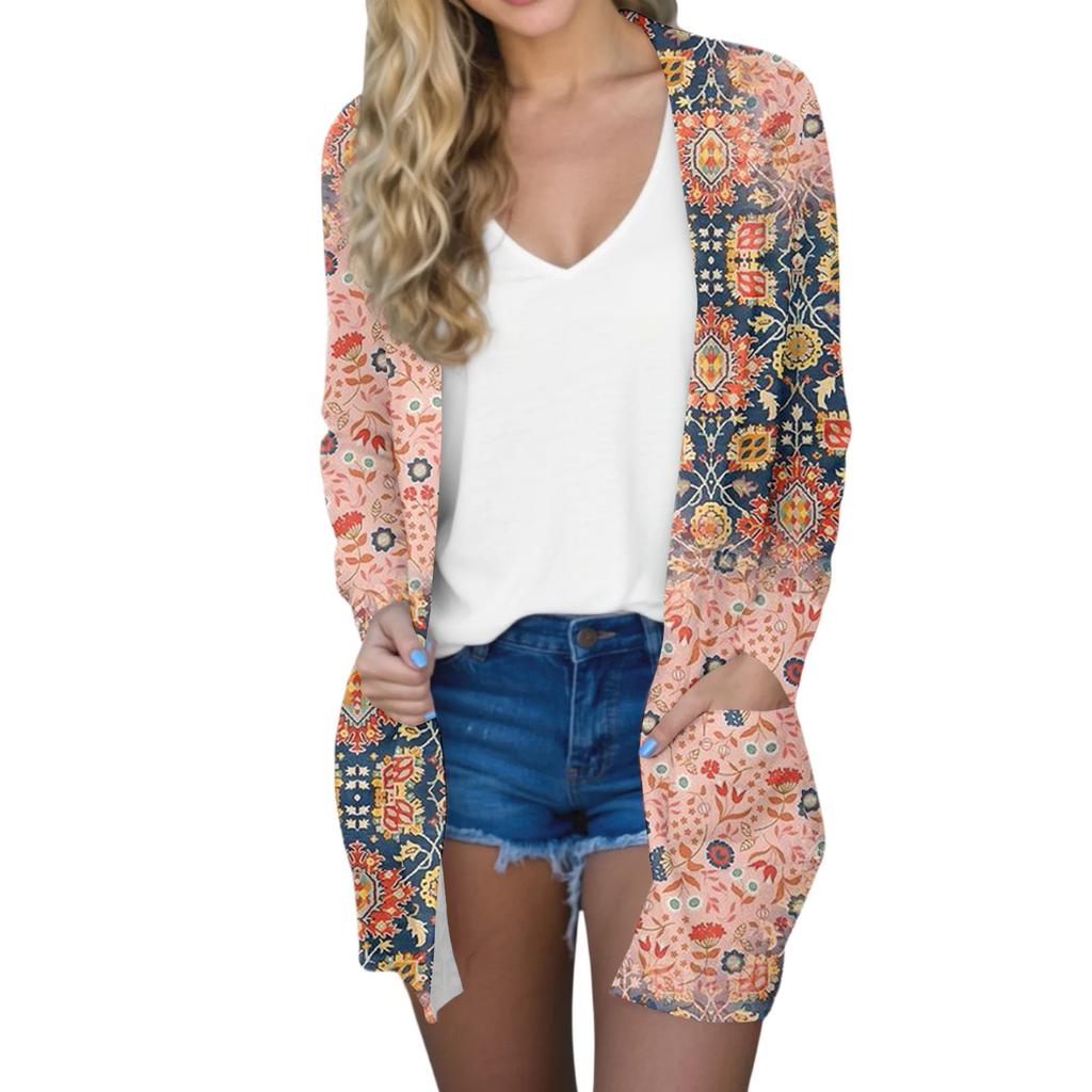 Women's Fashion Casual Comfort Floral Print Mid-Length Cardigan Jacket