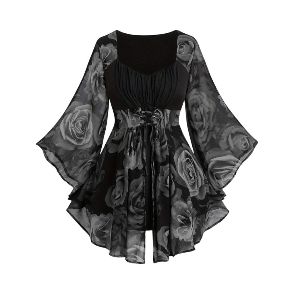 Fashion Plus Size Women's Rose Print Drawstring Irregular Sleeves Mid-length Tops For Women