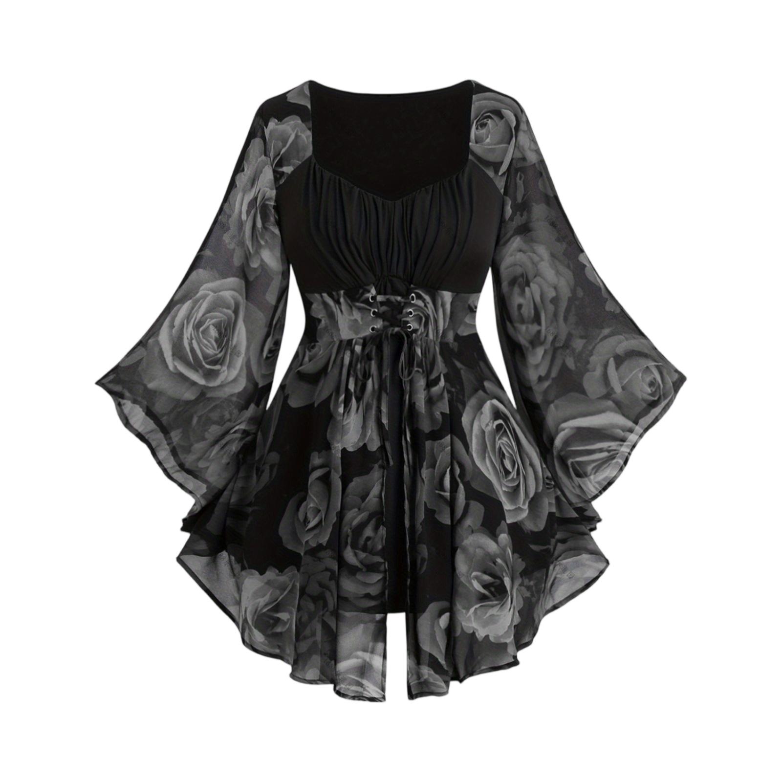 Fashion Plus Size Women s Rose Print Drawstring Irregular  Sleeves Mid-length Tops For Women XXXL чёрный