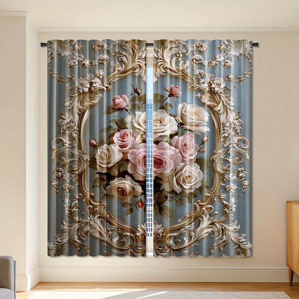 

2pcs Elegant Pink & White Roses Polyester Curtains - Golden Baroque Design Light Filtering Rod Pocket Drapes for Bedroom Livin 100*130 HOOK 1pcs