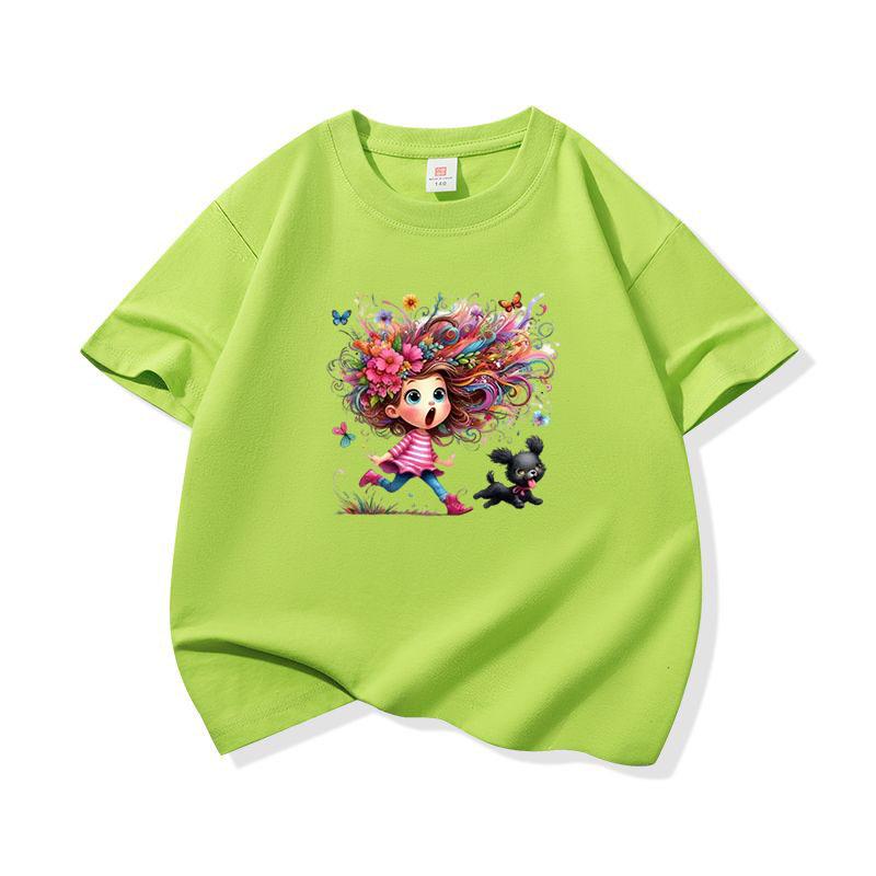 Kids Cotton T Shirt Colorful Hair Girl Running With Black Puppy Print Crew Neck Short Sleeve Tee Casual Boys Girls Summer Tops