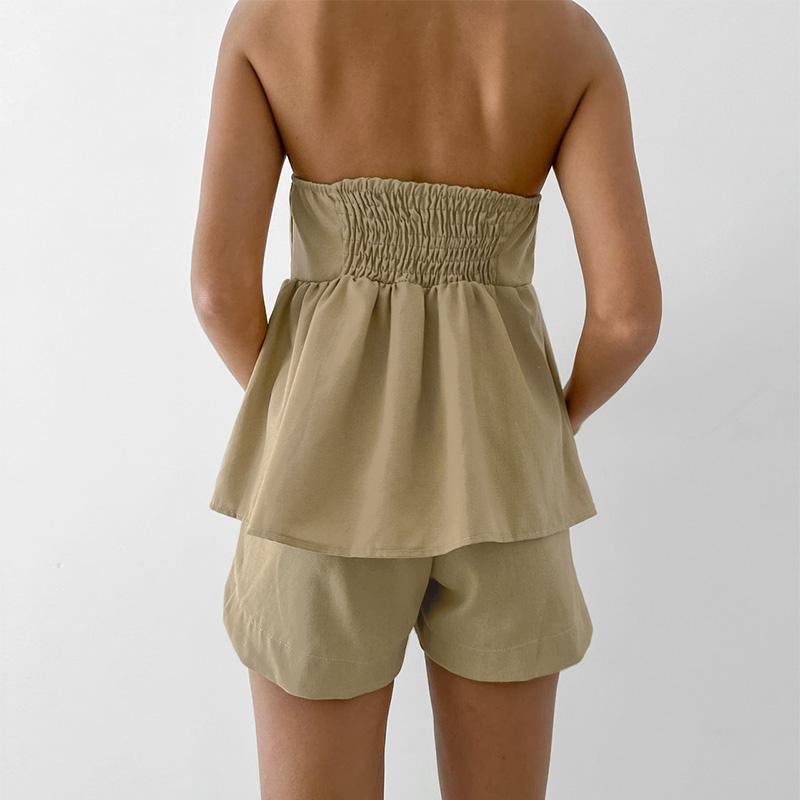 Summer Y2K Shorts Set Sexy Khaki Strapless Top High Waisted Wide Leg Shorts Set for Women's Summer Elegant Casual 2 Piece Sets