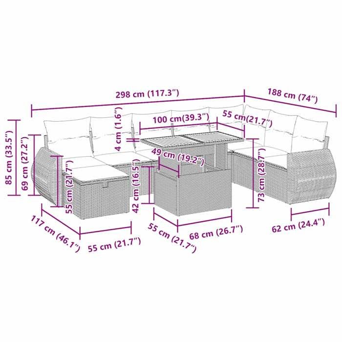 VidaXL Garden Lounge Set with Cushions 9 Pcs Grey Braided Resin Acacia 3328076