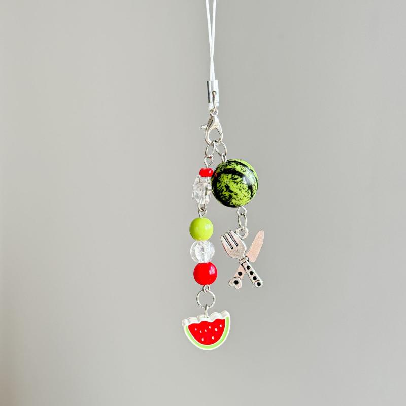 Cute Fruit Keychain Creative Summer Watermelon Pendant Key Chain Beaded Mobile Phone Anti-Lost Lanyard Bag Decorative Keyring