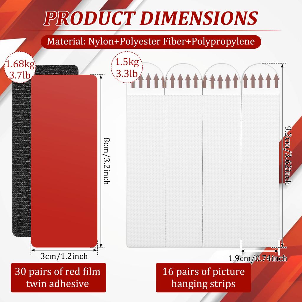 46 Pairs Hook and Loop Strip Set with Sticky Back Picture Hanging Strip Double Sided Sticky Pad Damage Free Removal for Glass