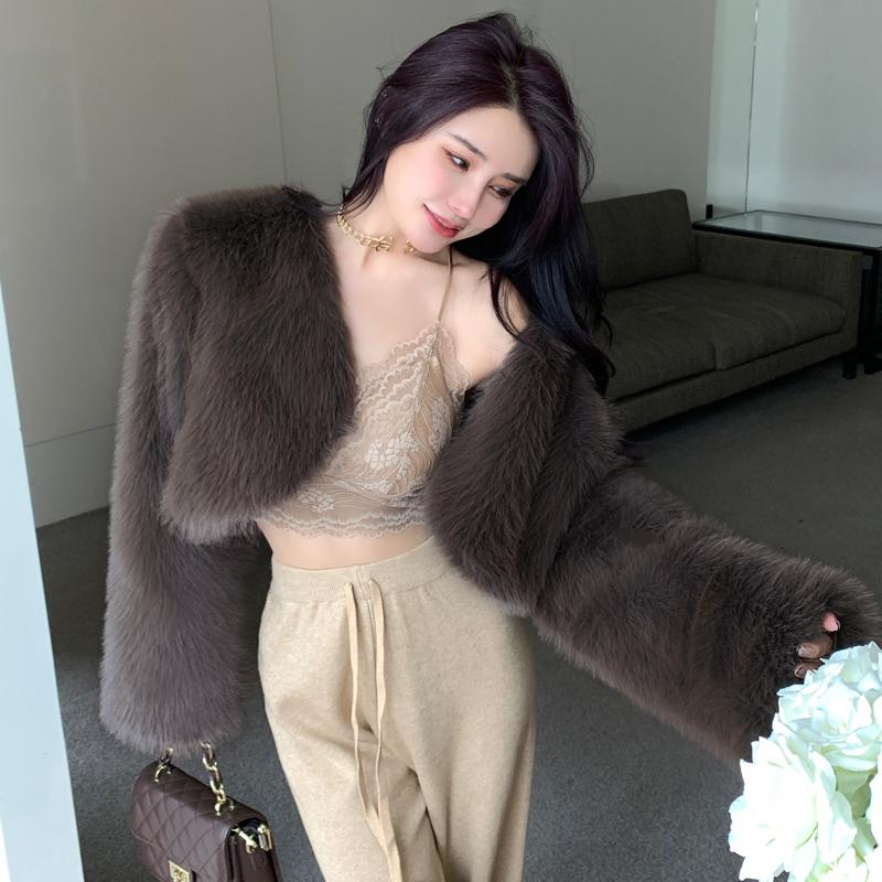 2024 Autumn Vintage Fox Fur Short Coats Women Winter New Fashion Long Sleeve Plush Jackets Women Tops Elegant Loose Soft Warm Female Jacket Coat 25320