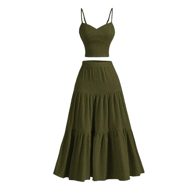 Women Solid Color Dress Set Camisole Top and A-line Long Skirt