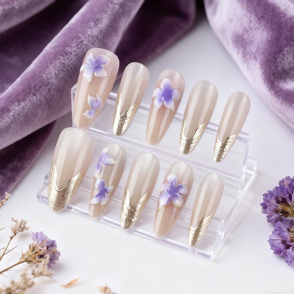 

Gold-Plated 3D Purple Flower Cat-Eye Nails - Gentle Chinese Style, 30 Detachable Pieces