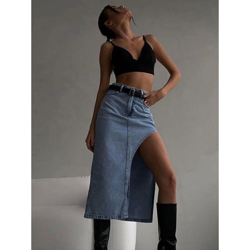Cowboy High Waisted Slim Fit Split Skirt Denim High Waist Silm Skirt