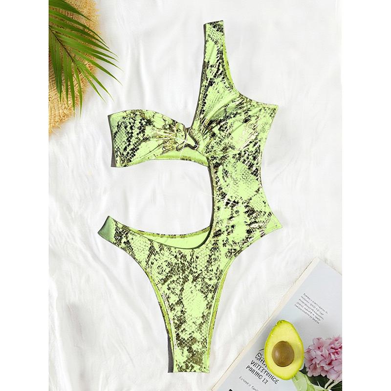 

Shiny Green Snakeskin Print One Piece Swimsuit Women Sexy One Shoulder Hollow Out Thong Bikini Beach Bathing Suit Swimwear S