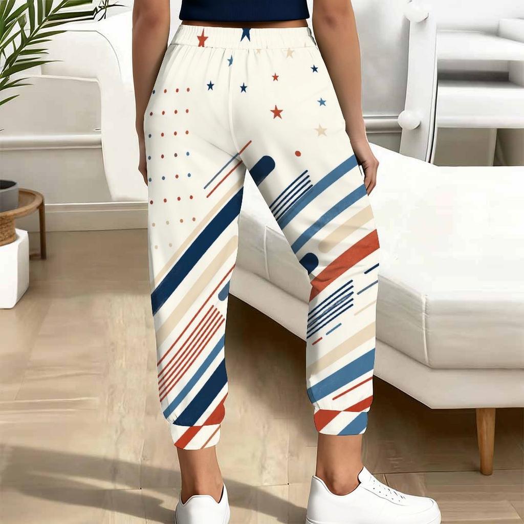 Women Plus Size Navy Blue Printed Jogger Pants Drawstring Waist Side Pockets Cuffed Ankle