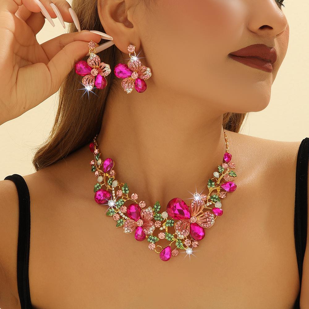 European & American Crystal Gemstone Floral Necklace & Earring Set - Colorful Evening & Bridal Accessories