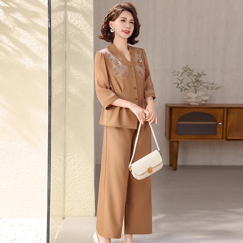 

Elegant Summer Long-Sleeved Suit for Moms: Two-Piece Set (Top & Pants) for Middle-Aged and Elderly Women s Fashion. 5XL [143-155 lbs]