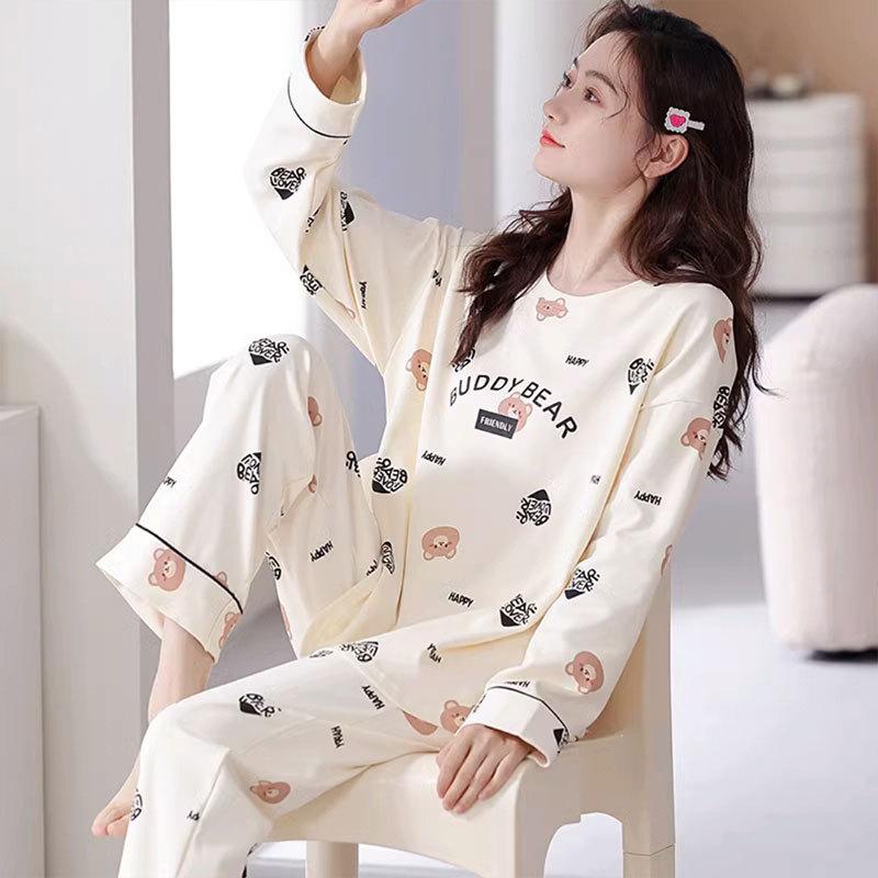 Autumn and Spring Long-Sleeve Women's Home Wear Pants Cartoon Set Pajamas for Ladies